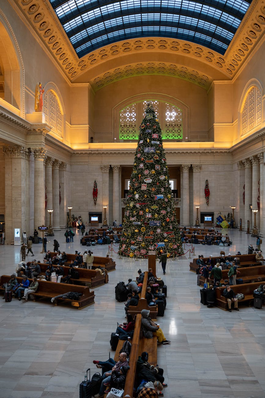 Holiday decor in historic Chicago Union Station during holiday travel season